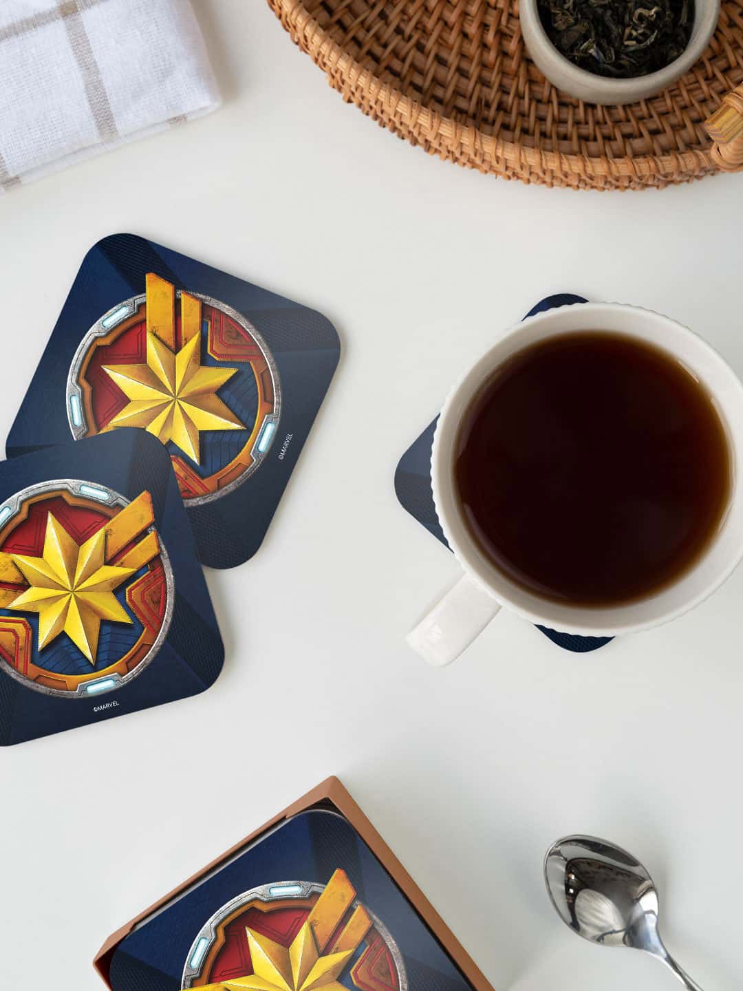 

macmerise Navy Blue & Yellow Armor Badge Captain Marvel Printed Square Coaster