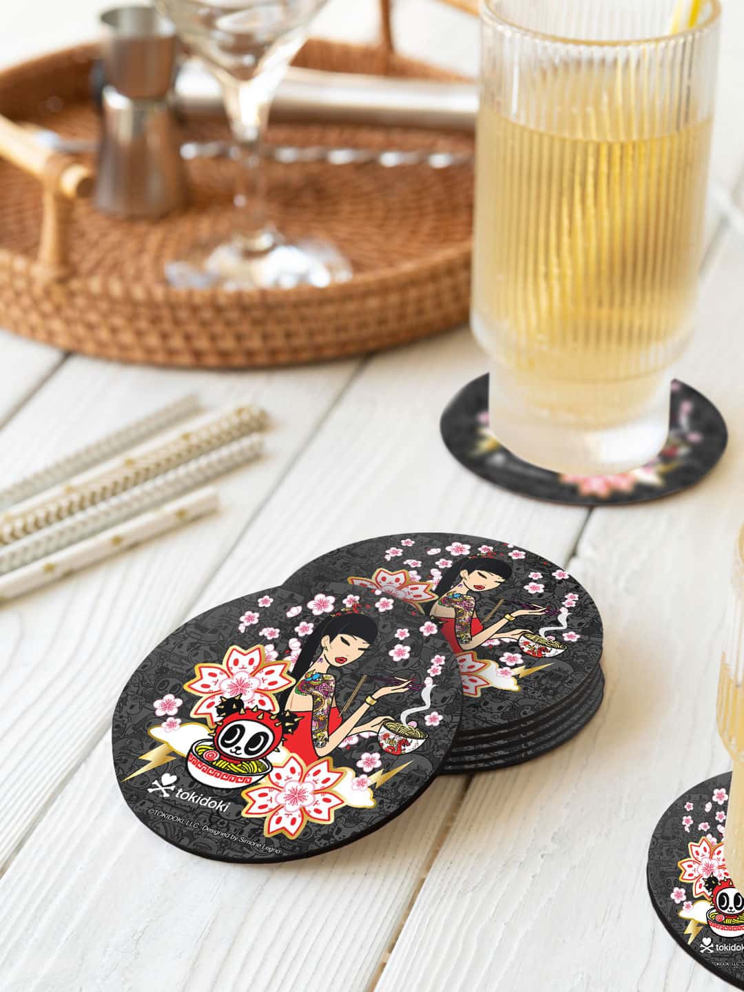 

macmerise Grey & Red 6-Pieces TD Flower Power Printed Circle Coasters