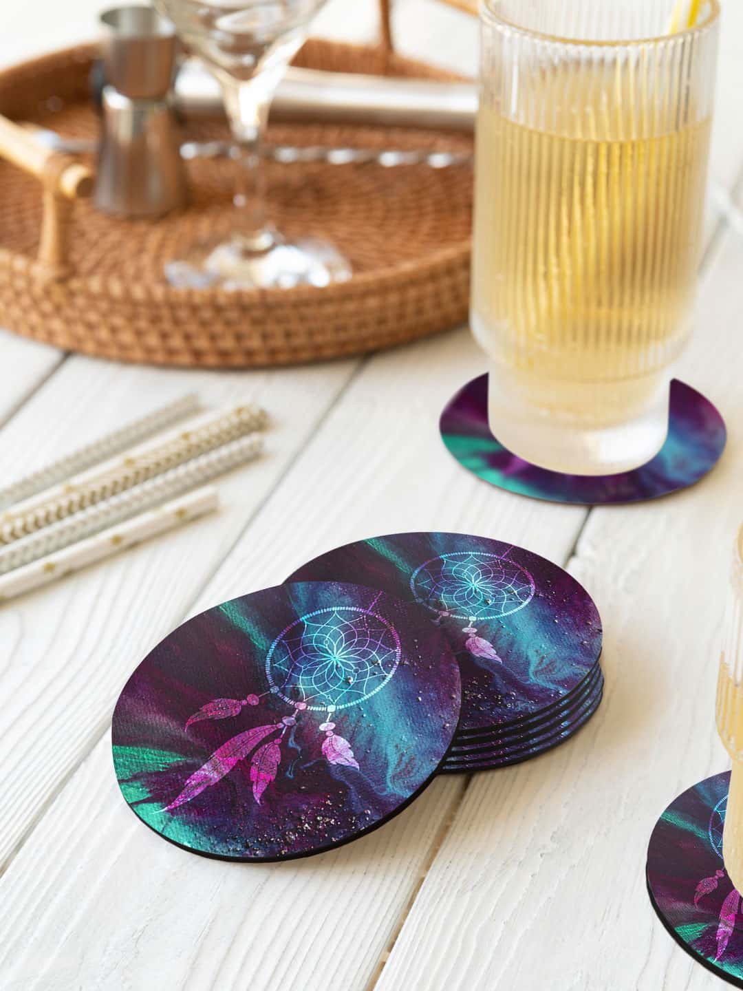 

macmerise Illustrations Purple & Blue 6 Pcs Dream Catcher Galaxy Printed Circle Coasters
