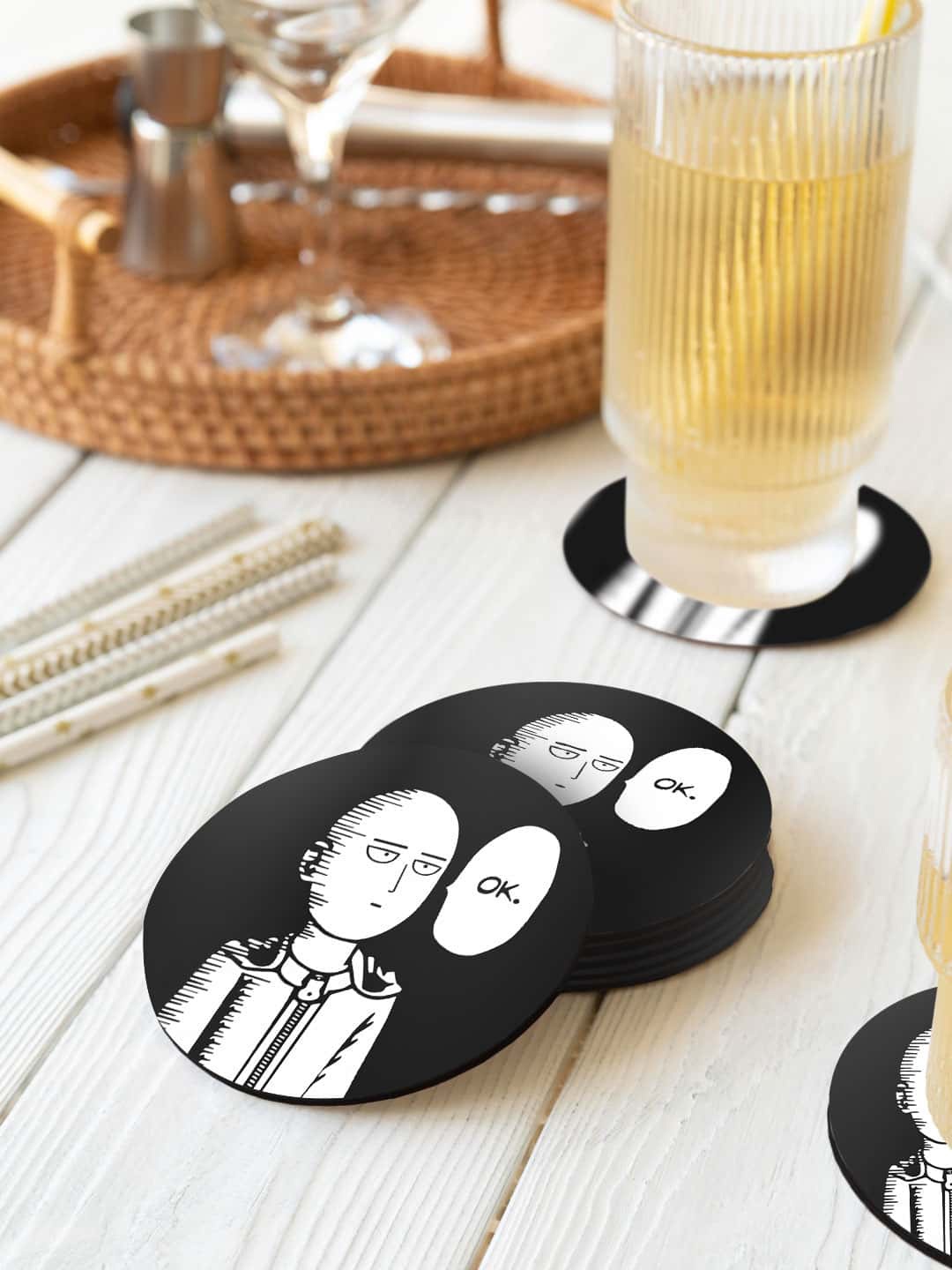 

macmerise Illustrations Black & White 6 Pcs Saitama Not Impressed Printed Circle Coasters