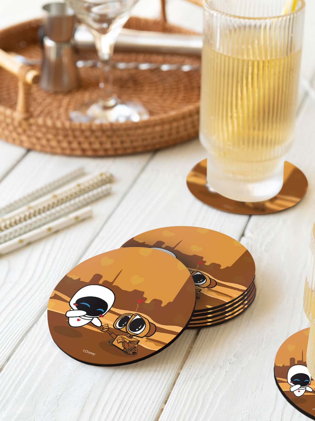 

macmerise Disney Mustard Yellow & Brown 6 Pieces Wondrous Wall E Printed Circle Coasters
