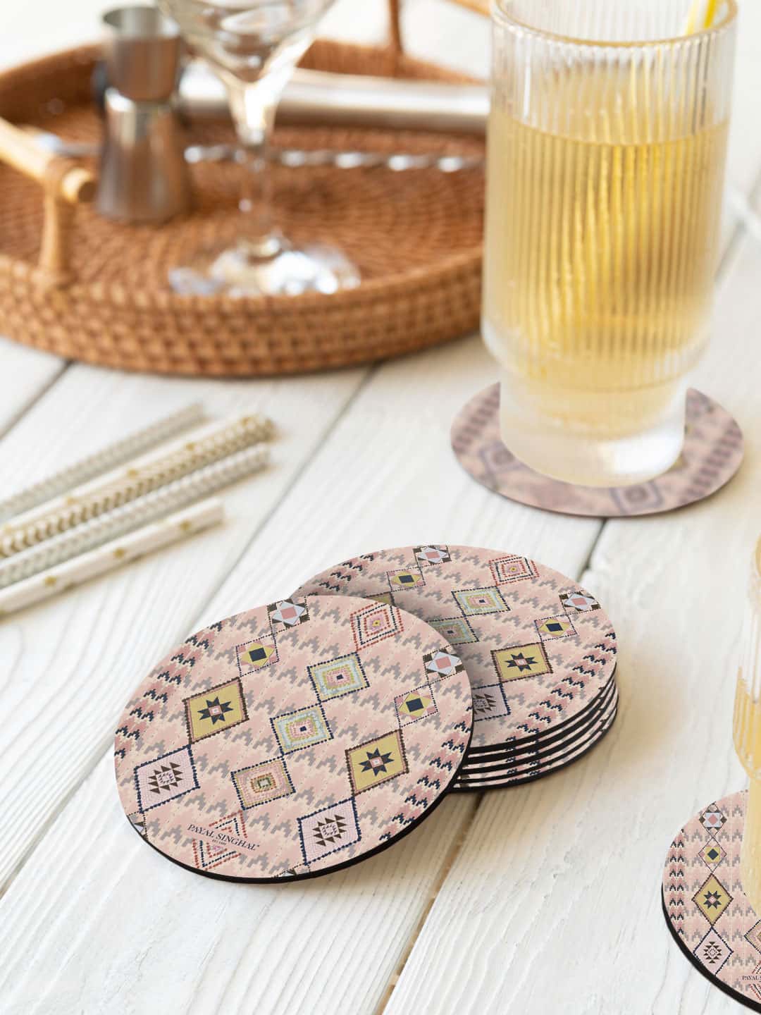 

macmerise Payal Singhal Beige & Black 6 Pieces Souk Printed Circle Coasters
