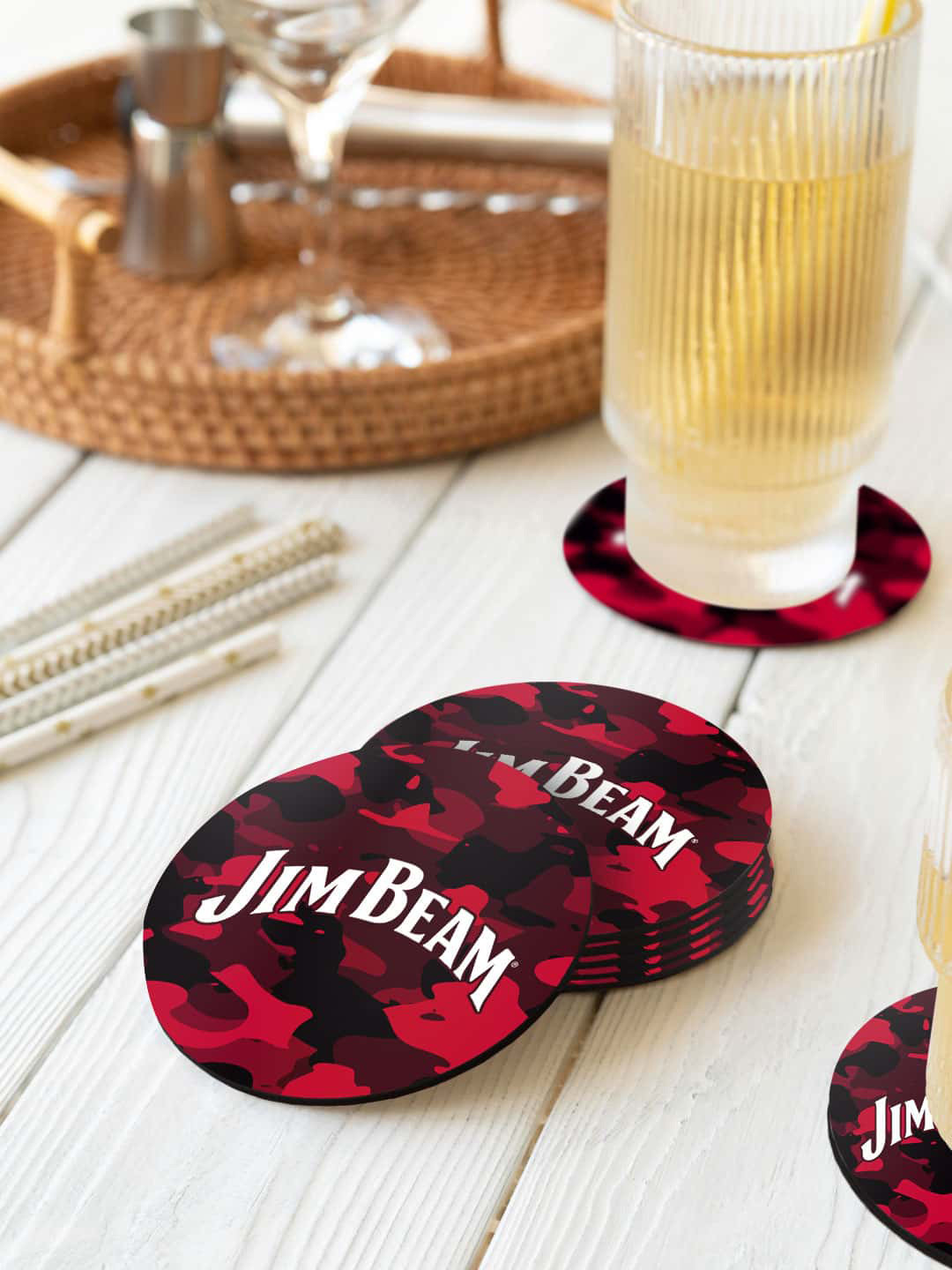 

macmerise Jim Beam Red & Black 6 Pieces Camo Printed Circle Coasters