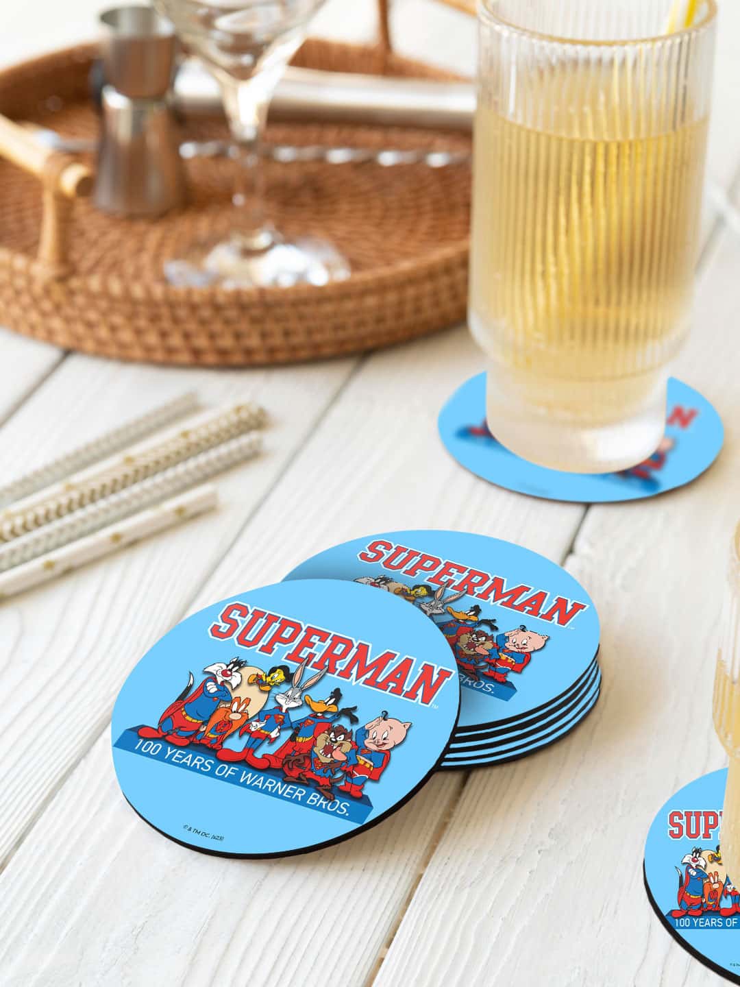 

macmerise Warner ros Blue & Red 6 Pieces Superman Team Up Printed Round Coasters