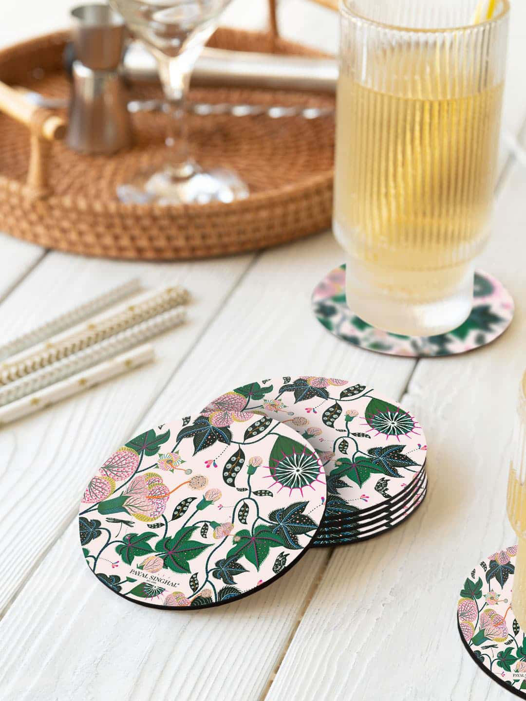 

macmerise Payal Singhal White & Green 6 Pieces Abutilon Printed Circle Coasters