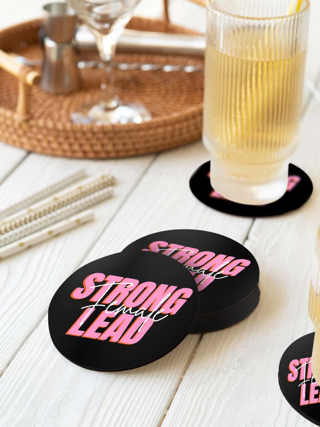 

macmerise Illustrations Black & Pink 6 Pieces Strong Female Lead Printed Circle Coasters