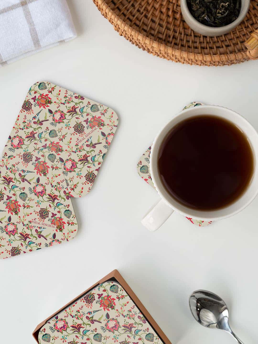 

macmerise Payal Singhal Beige & Pink Chidiya Printed Square Coaster