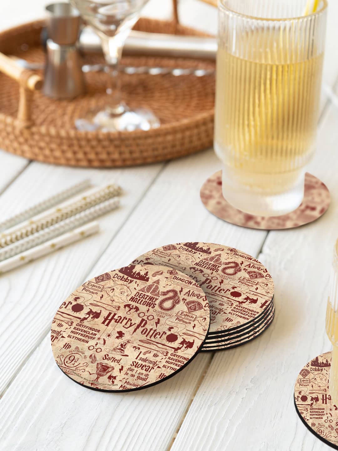 

macmerise Harry Potter Beige & Brown 6 Pieces Infographic Printed Circle Coasters