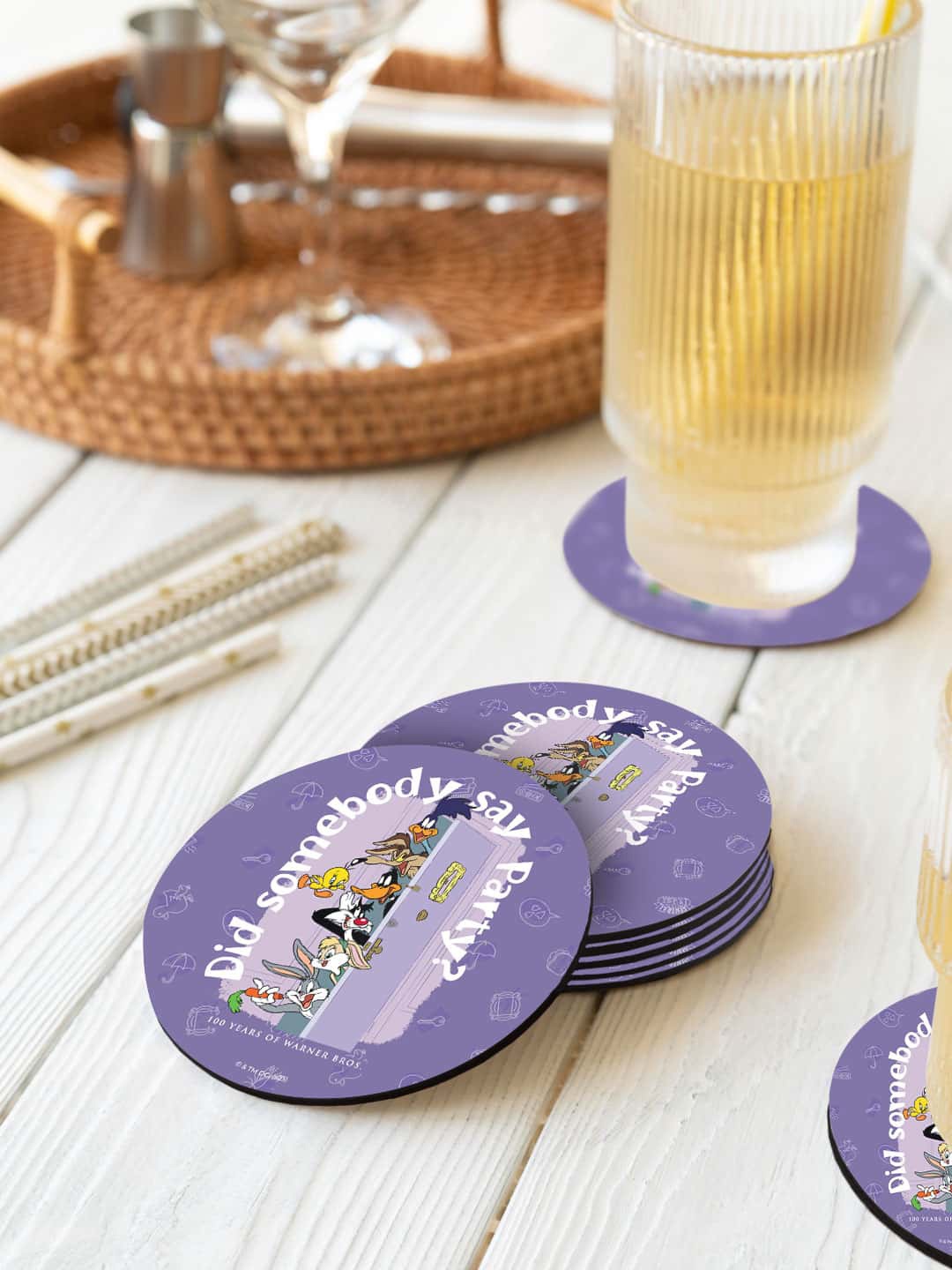 

macmerise Purple 6-Pieces Did Somebody Say Party Printed Circle Coasters