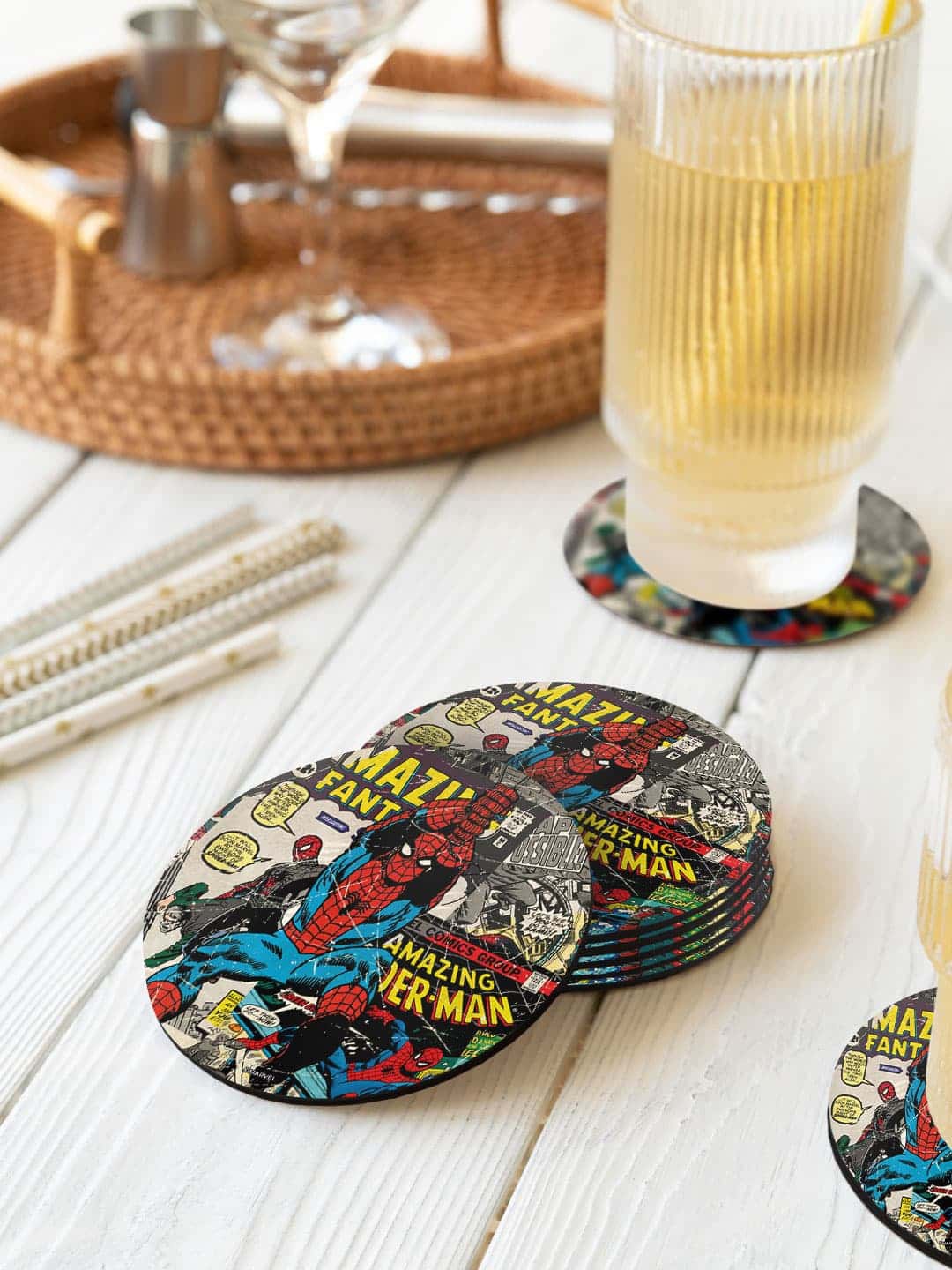 

macmerise Grey & Blue 6-Pieces Comic Spidey Printed Circle Coasters