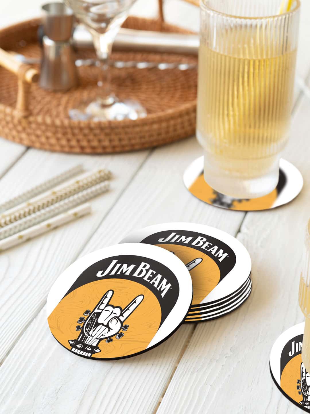 

macmerise White & Yellow 6-Pieces Rock Swag Printed Circle Coasters