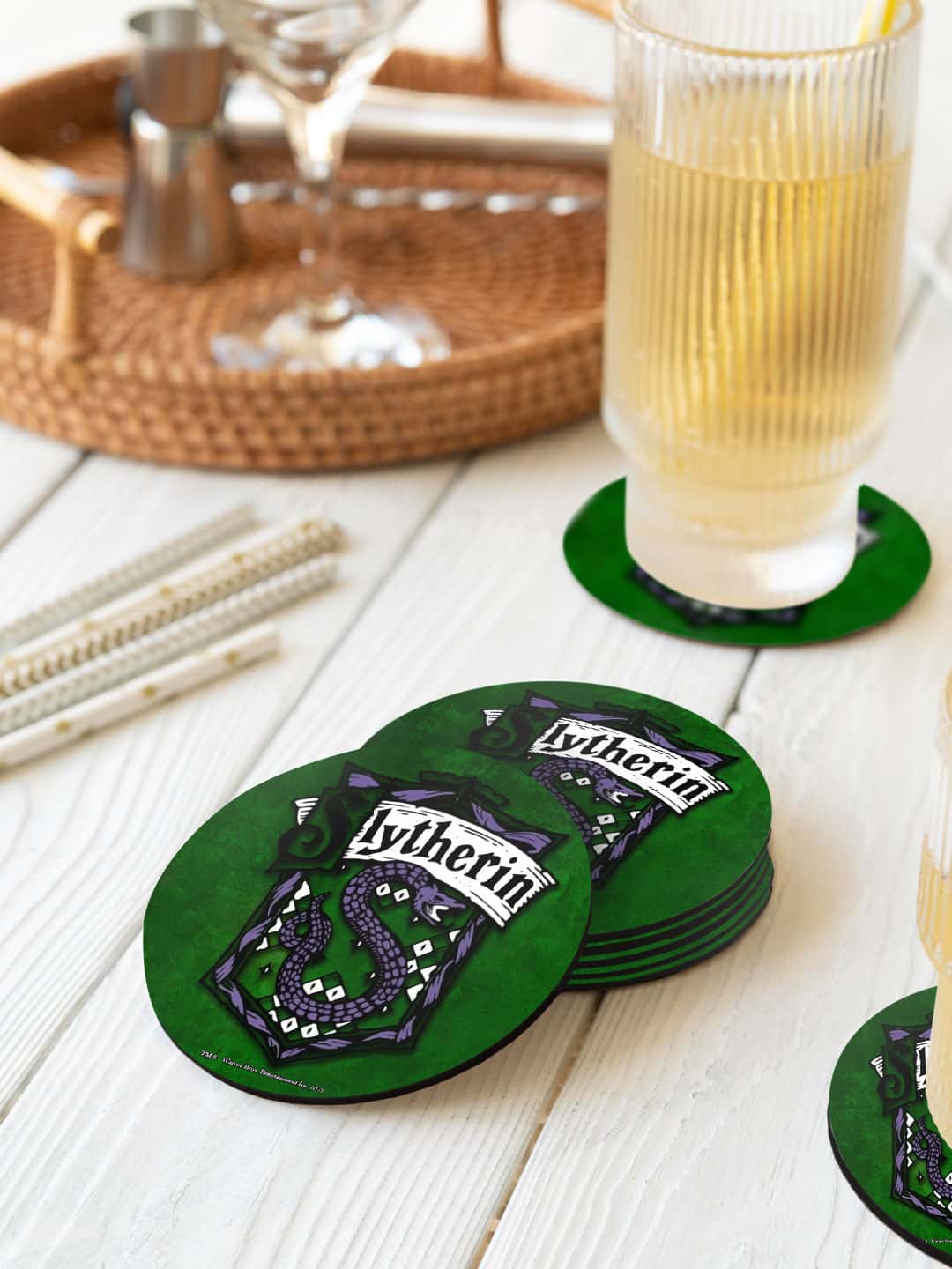 

macmerise Harry Potter Green & Grey 6 Pieces Crest Slytherin Printed Circle Coasters