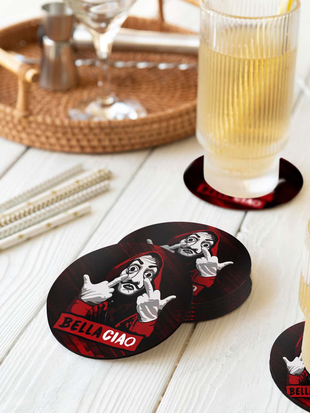

macmerise Illustrations Black & Red 6 Pieces Bella Ciao Printed Circle Coasters