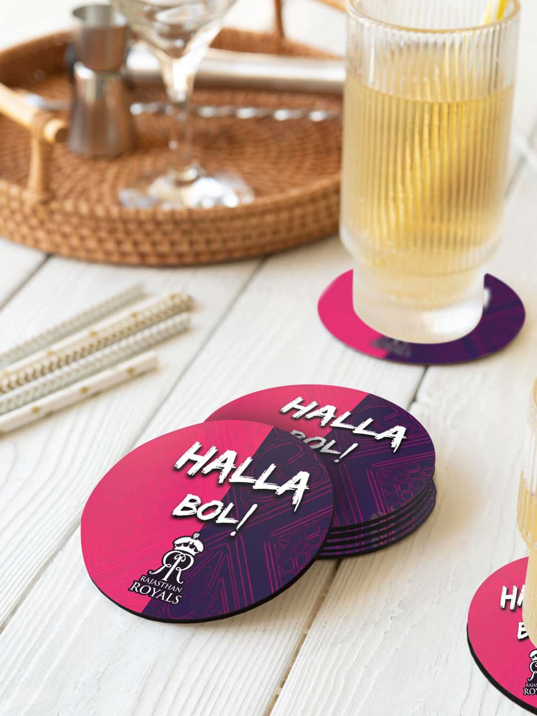 

macmerise Rajasthan Royals 6 Pieces Pink & Purple Halla Bol Printed Circle Coasters