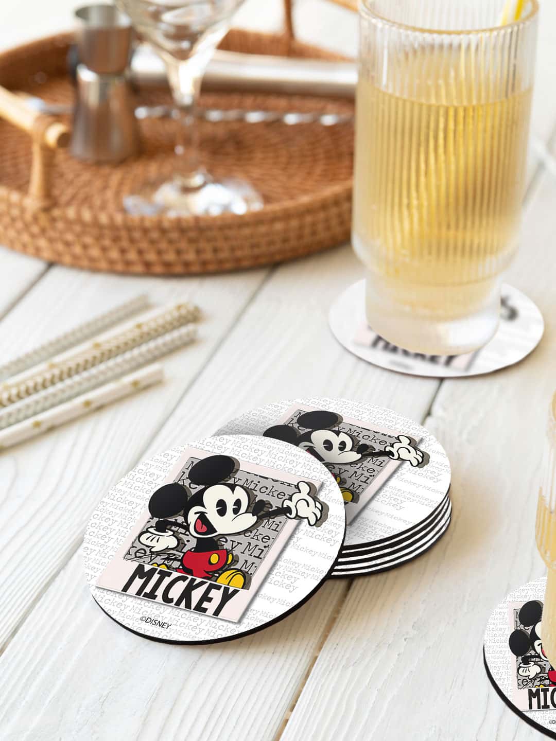 

macmerise Disney White & Black 6 Pieces Hello Mr Mickey Printed Circle Coasters