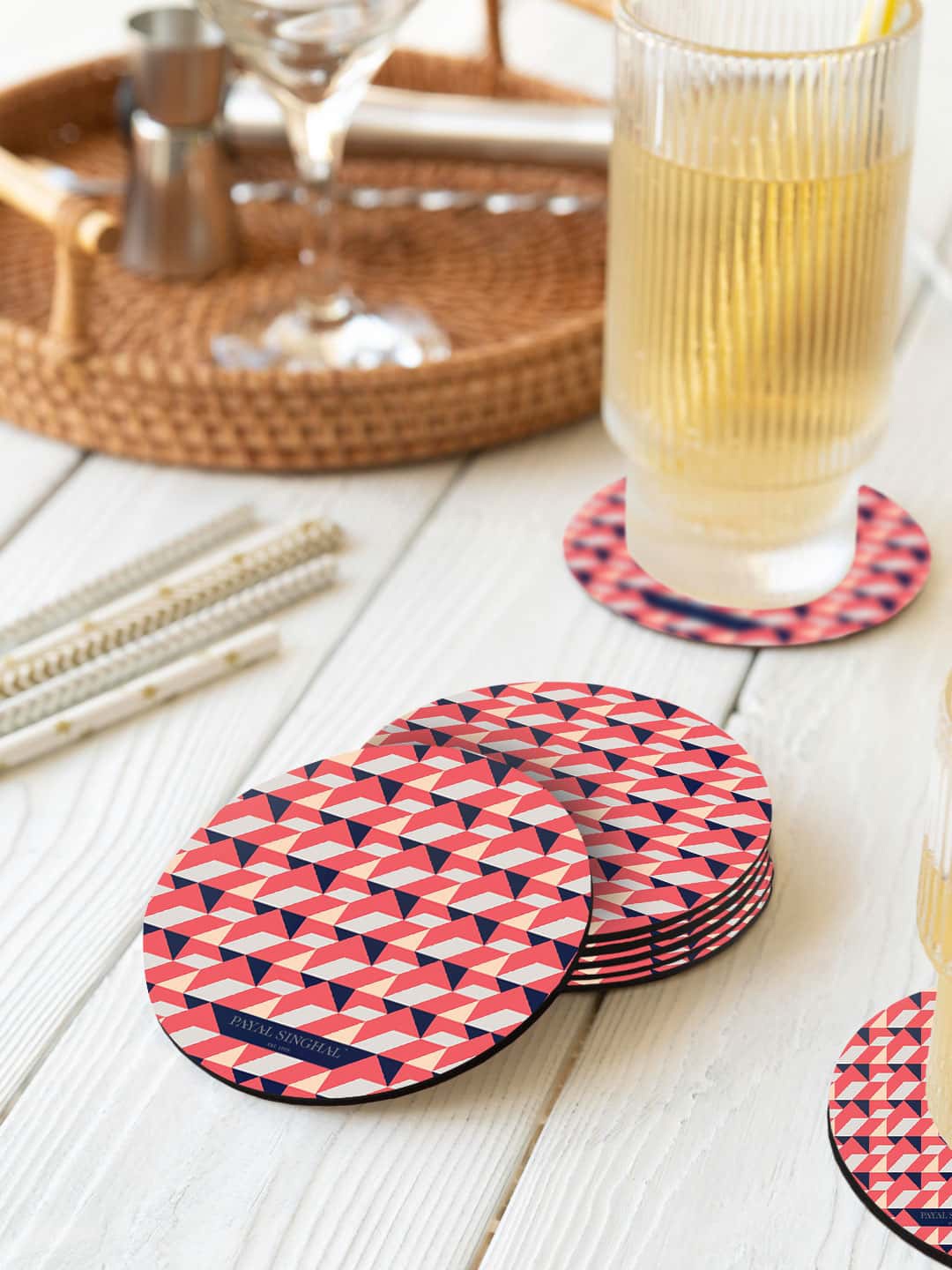 

macmerise Payal Singhal Coral Pink & Navy Blue 6 Pieces Geometric Printed Circle Coasters