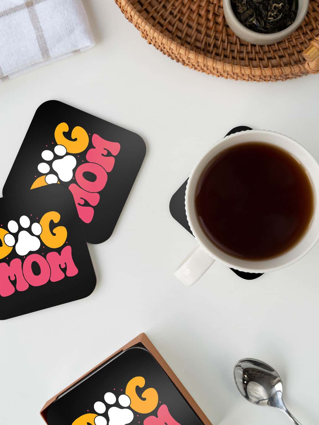 

macmerise Illustrations Orange & Pink Dog Mom Printed Square Coaster, Black