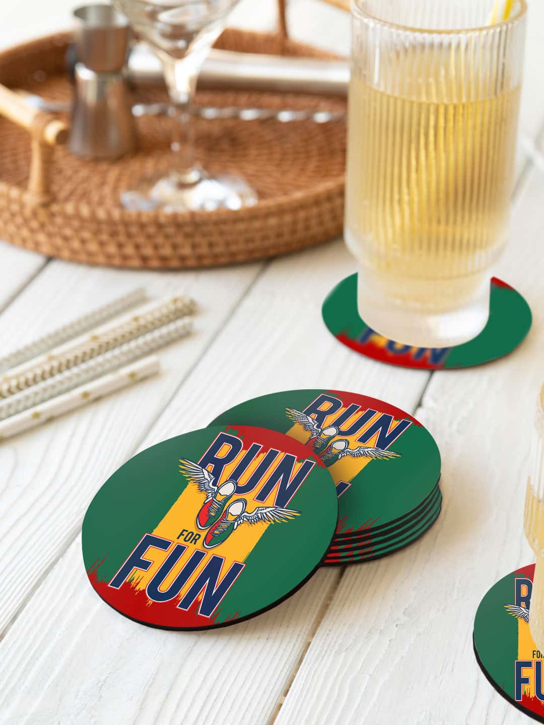 

macmerise Illustrations Green & Yellow 6 Pieces Run For Fun Printed Circle Coasters