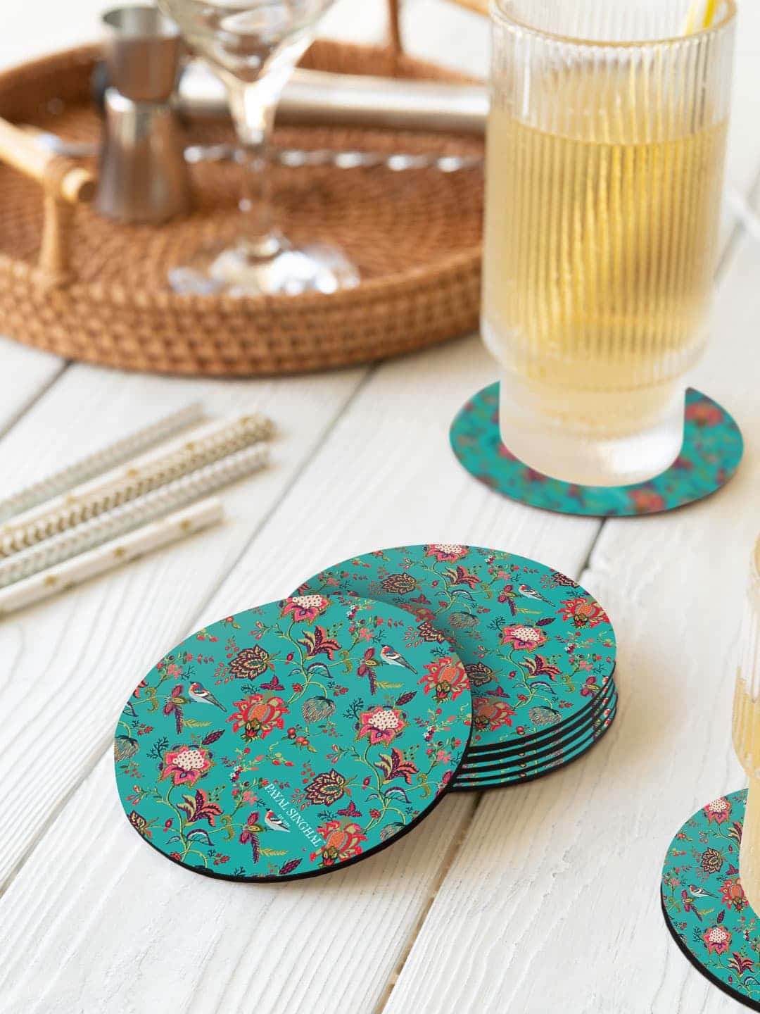 

macmerise 6 Pcs Green & Pink Payal Singhal Chidiya Printed Circle Coasters