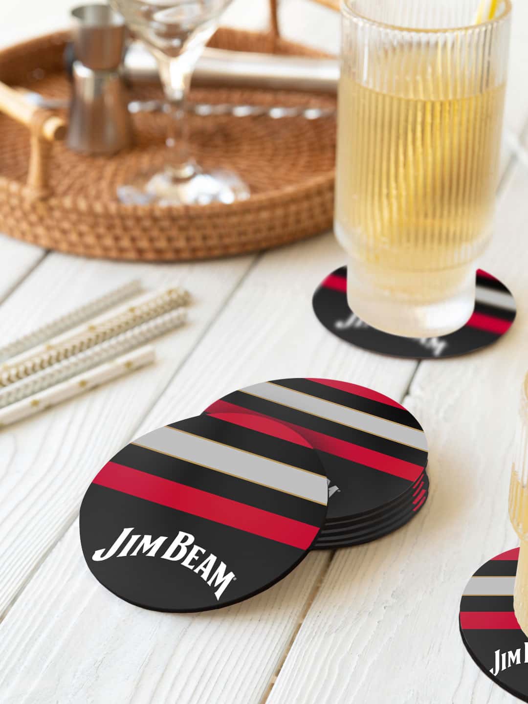 

macmerise 6 Pcs Black & Red Jim Beam Printed Circle Coasters