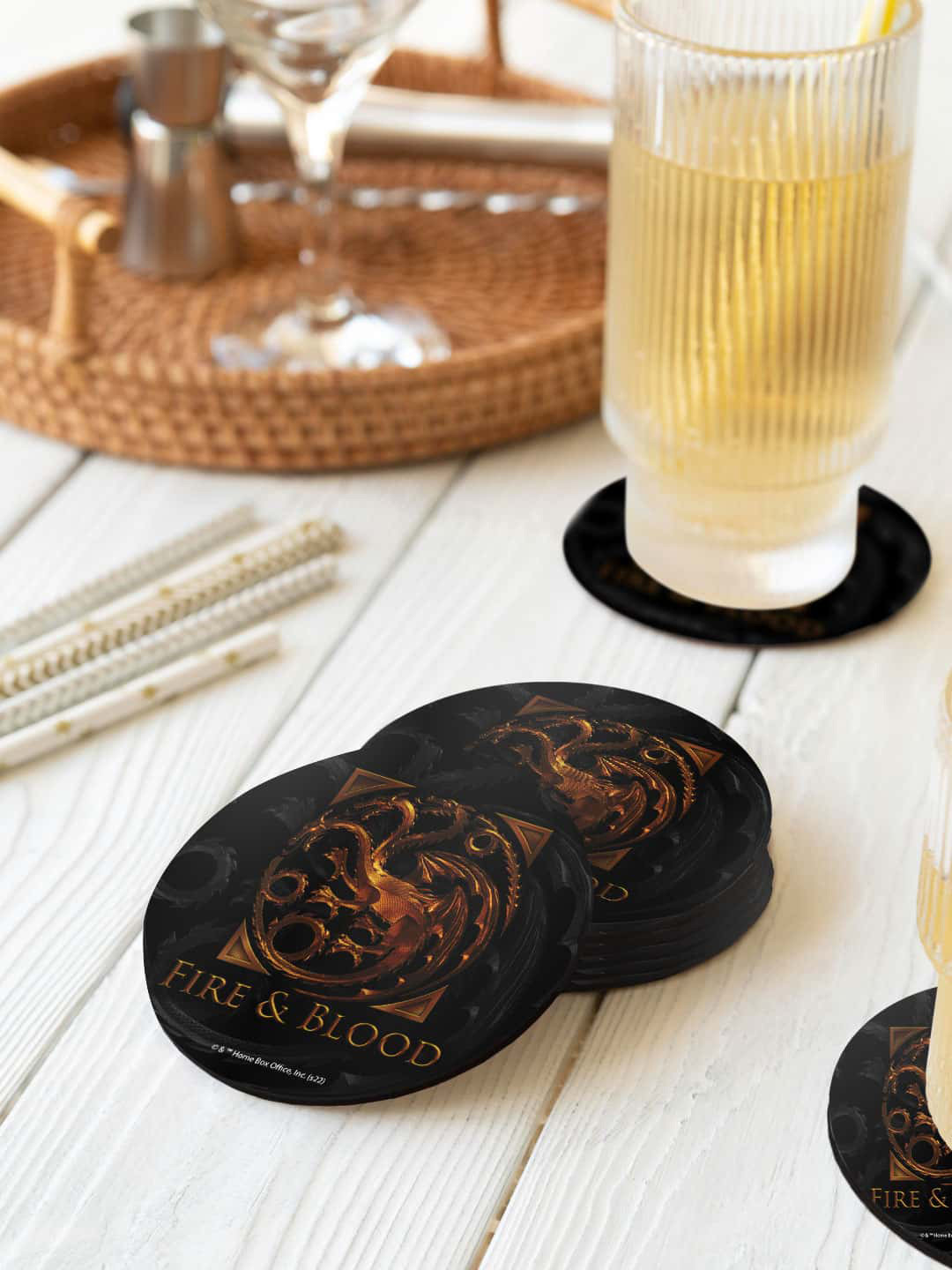 

macmerise House Of The Dragon Black & Brown 6 Pieces Fire & Blood Printed Circle Coasters