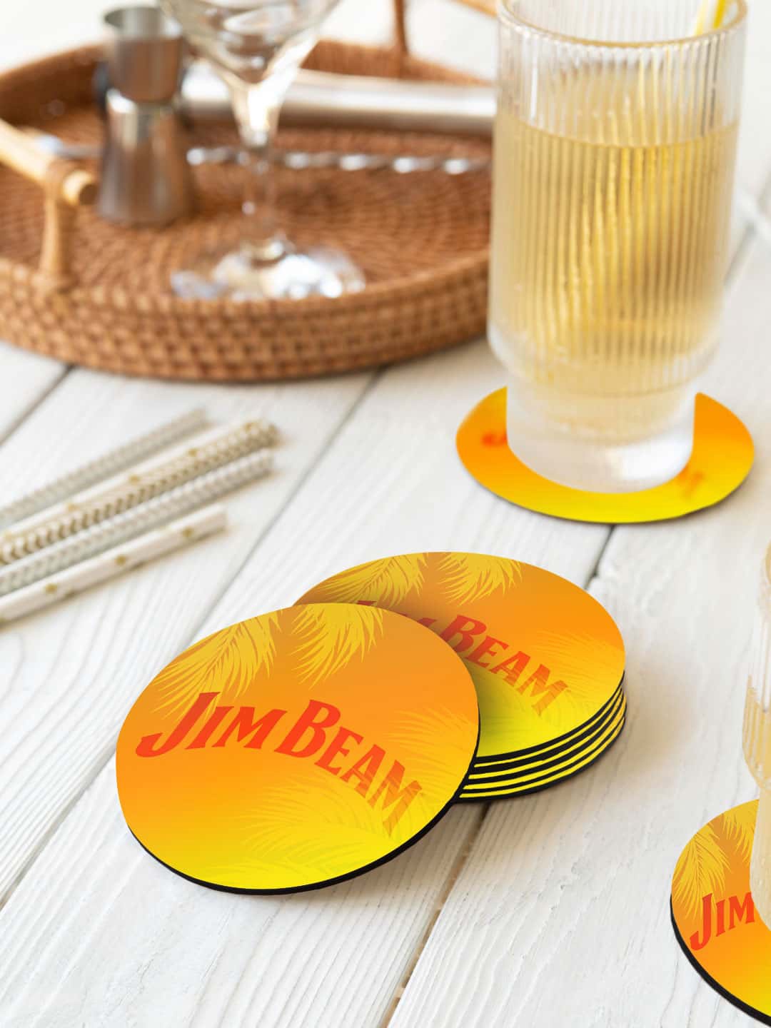 

macmerise Yellow & Orange 6 Pieces Palms Printed Circle Coasters