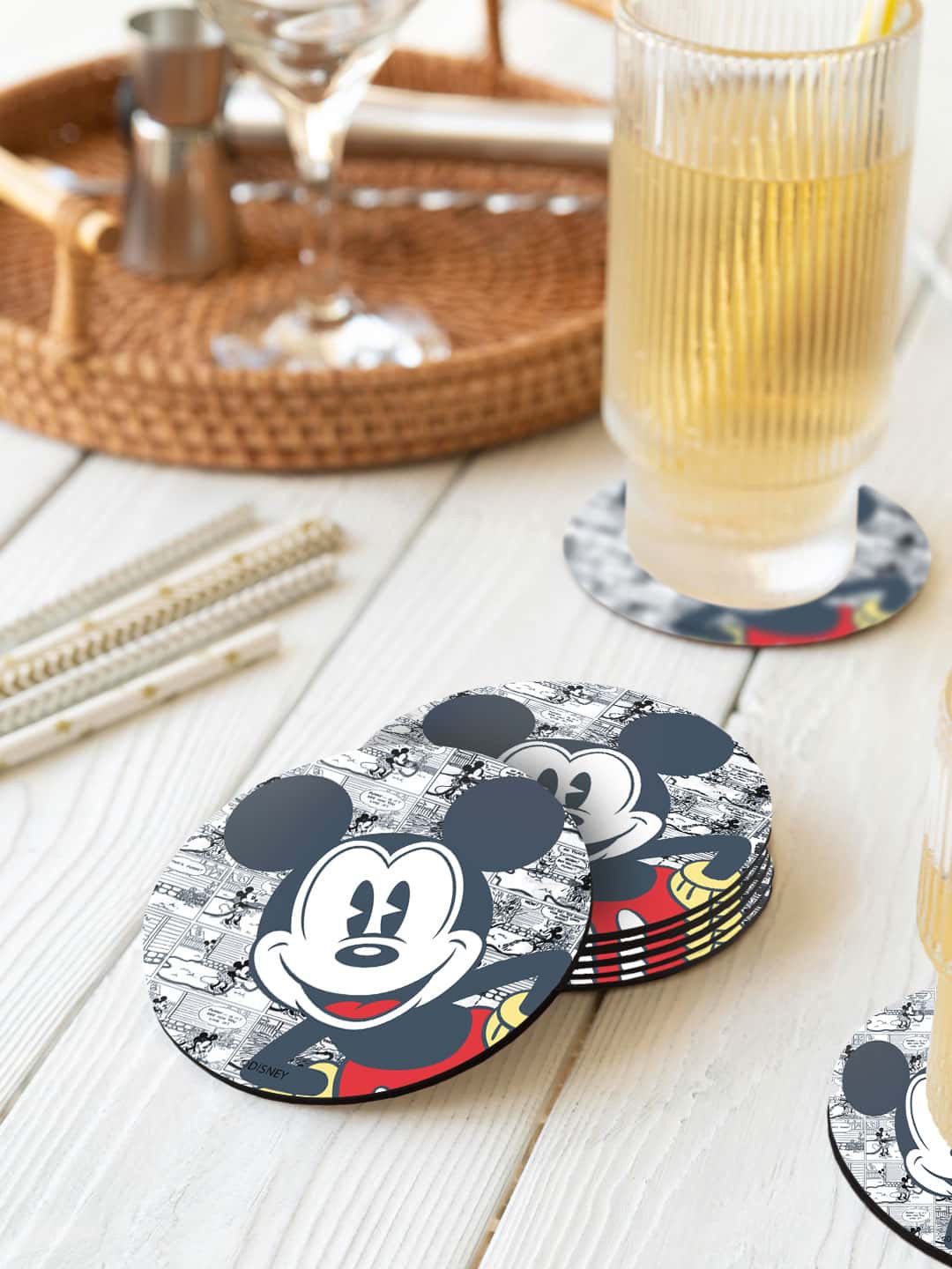 

macmerise Disney Grey & White 6 Pieces Mickey Comic Strip Printed Circle Coasters