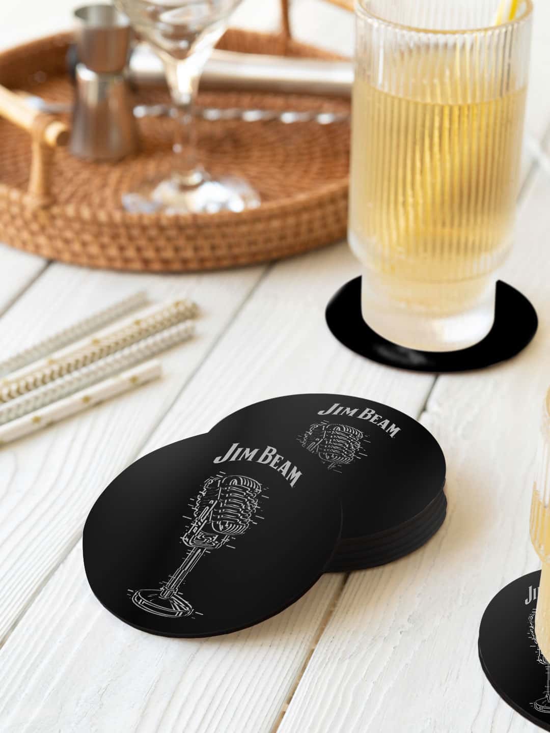 

macmerise Black & Grey 6 Pieces Retro Mic Printed Circle Coasters