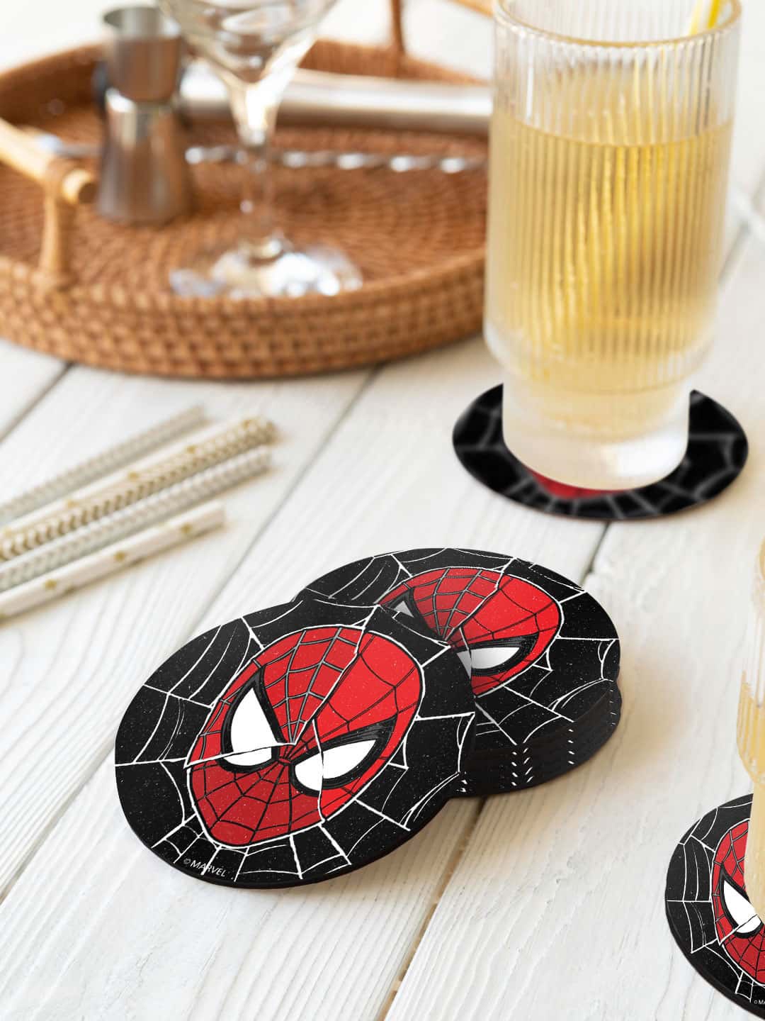 

macmerise 6 Pcs Black & Red Spider-Man Printed Circle Coasters