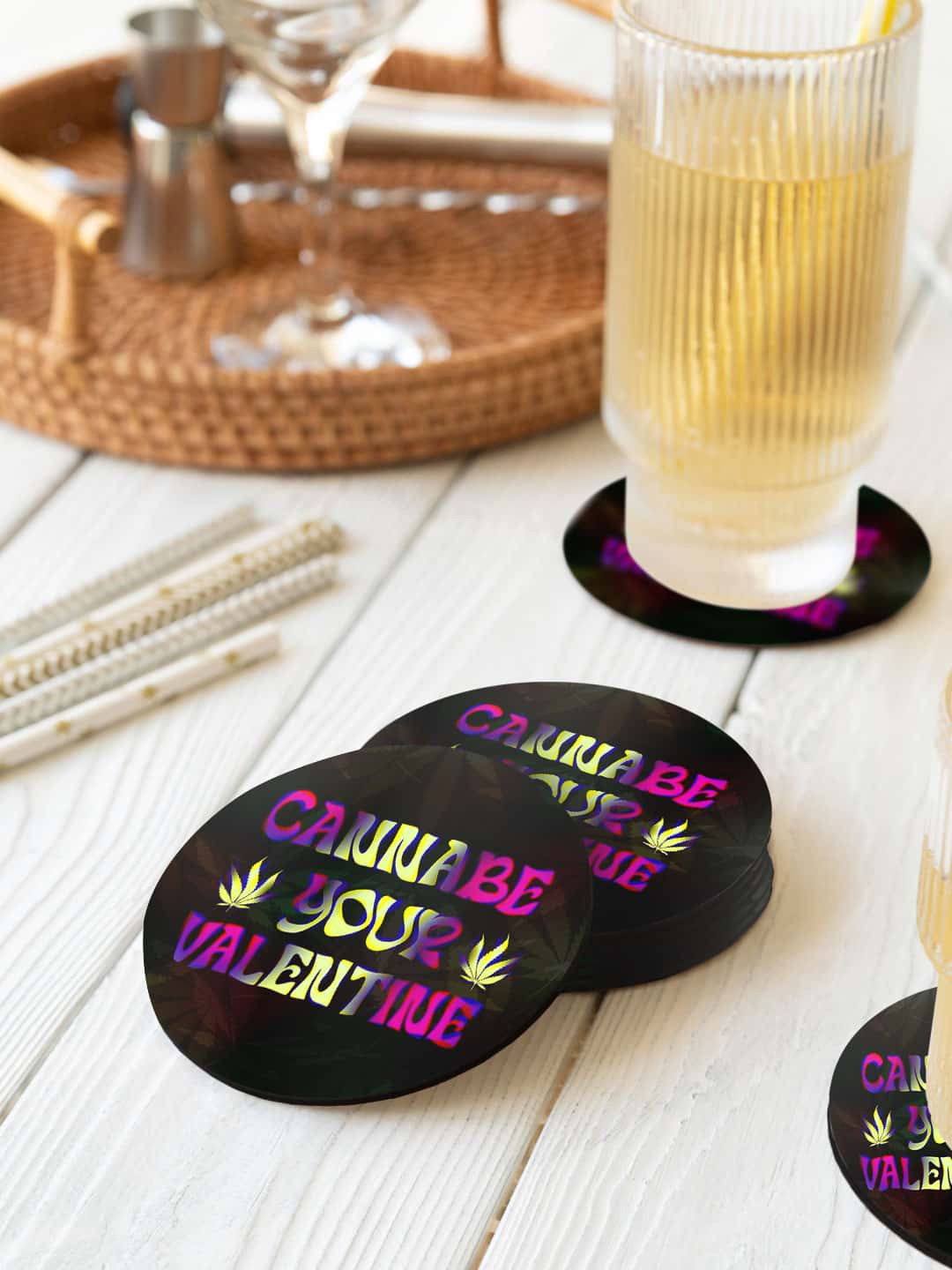 

macmerise Illustrations Black & Purple 6 Pieces Valentine Cannabe Printed Circle Coasters