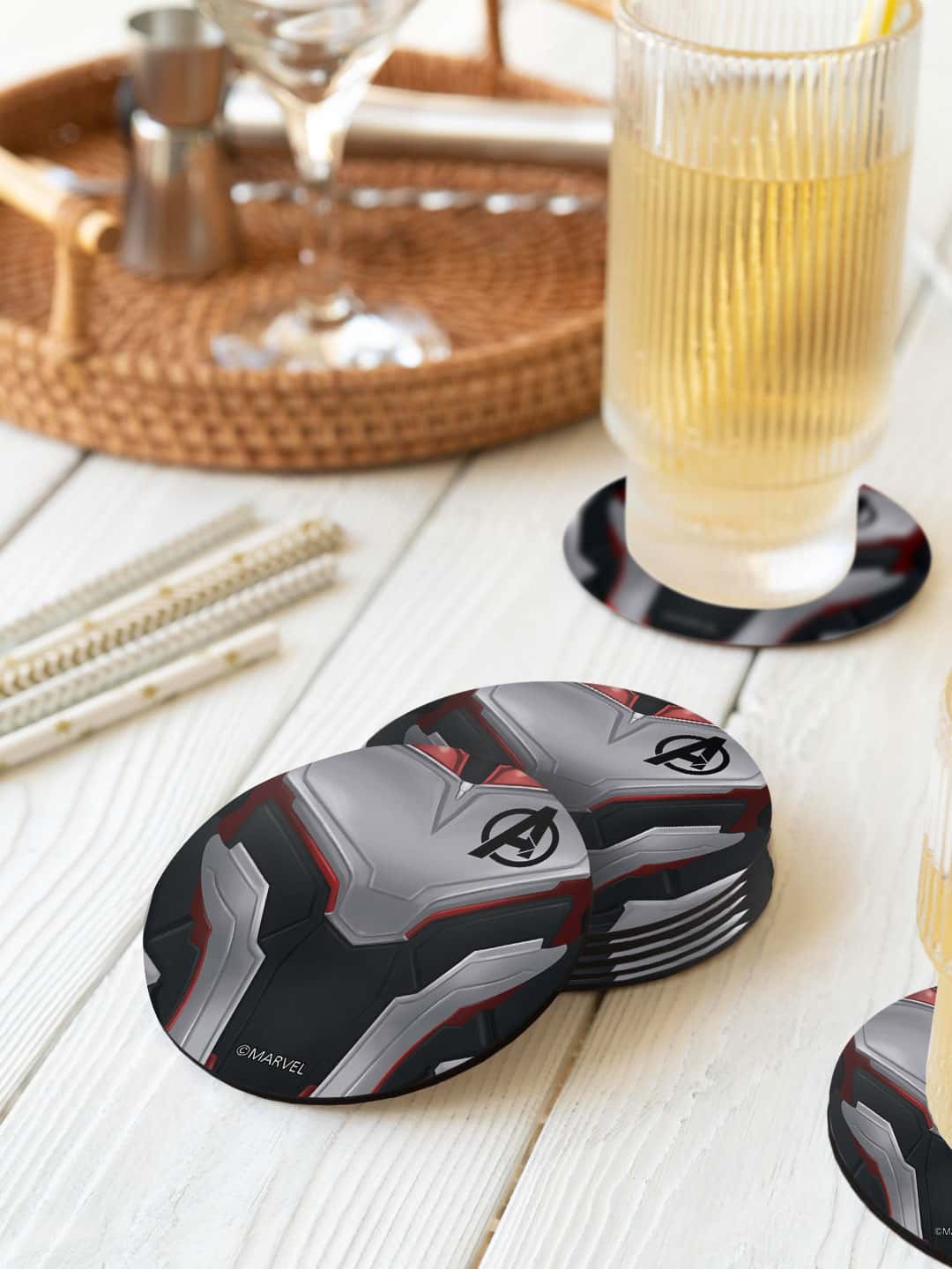 

macmerise Marvel Black & Grey 6 Pieces Avengers Endgame Suit Printed Circle Coasters