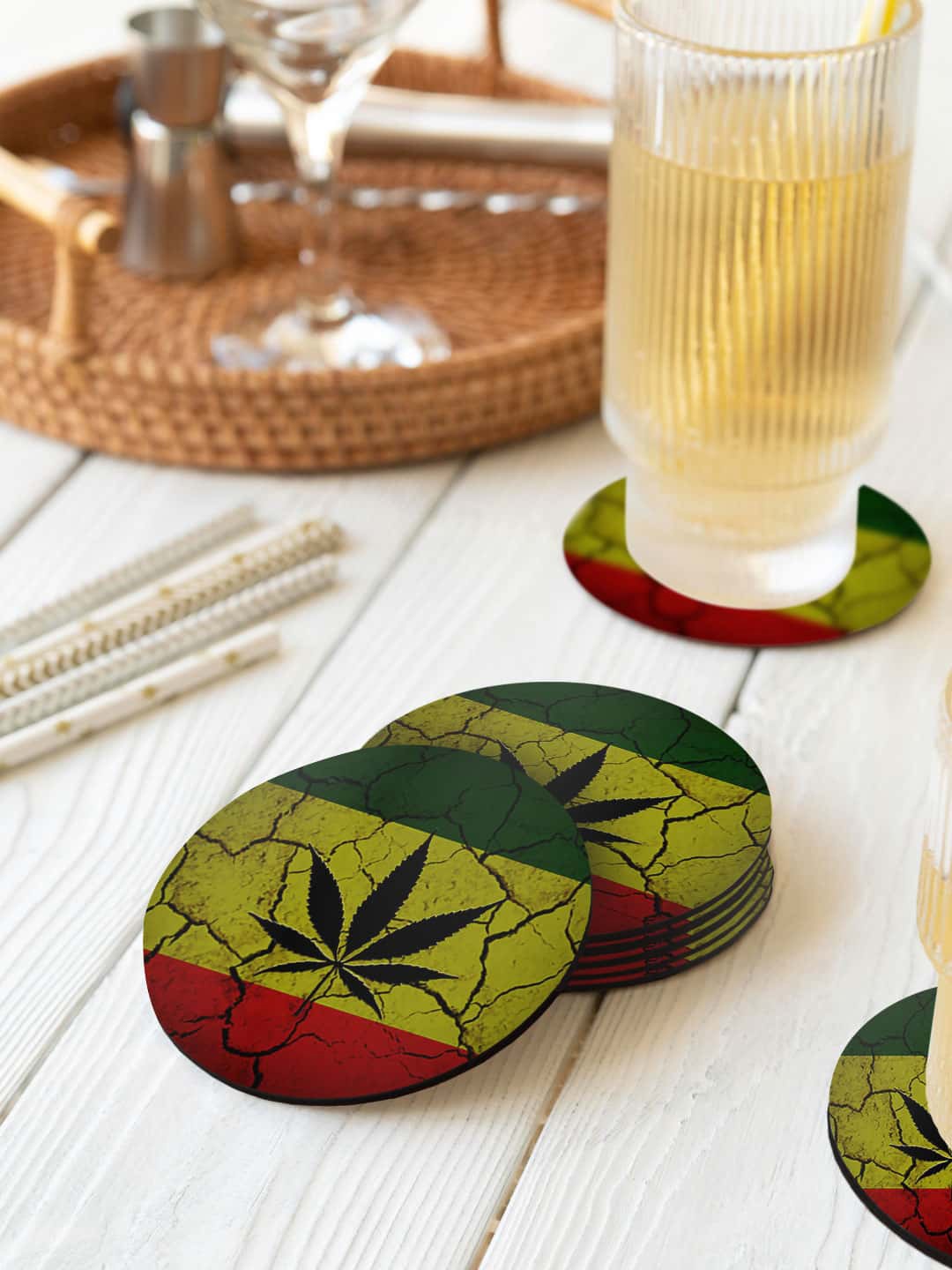 

macmerise Green & Maroon 6 Pieces Rastafari Printed Circle Coasters