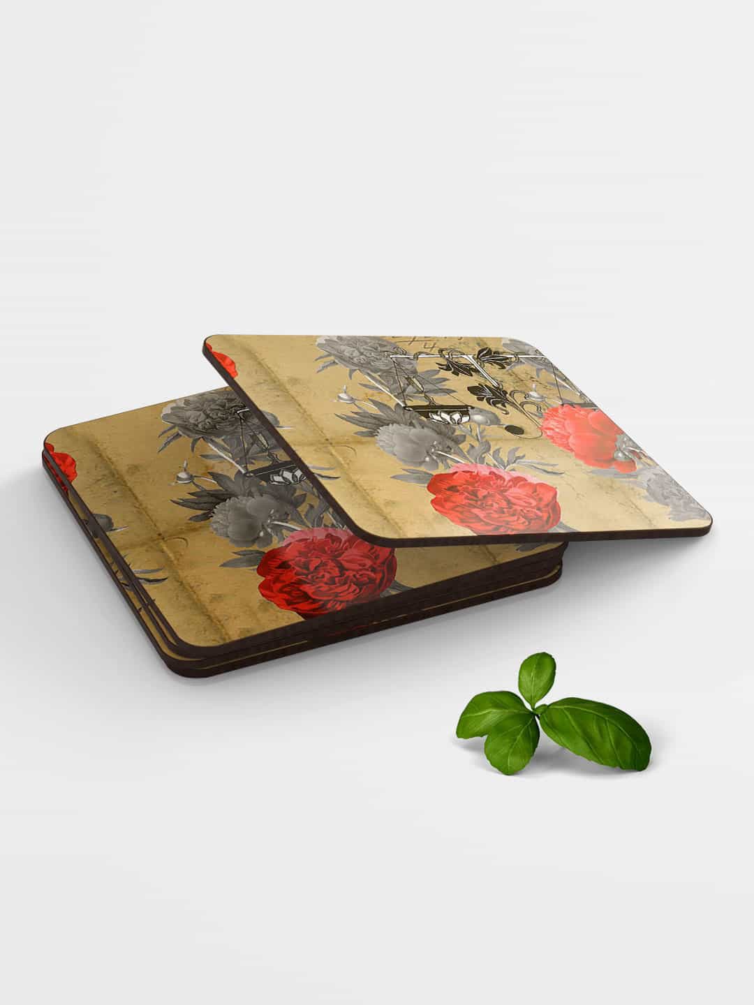 

macmerise Beige & Orange Masaba Floral Scale Printed Square Coaster