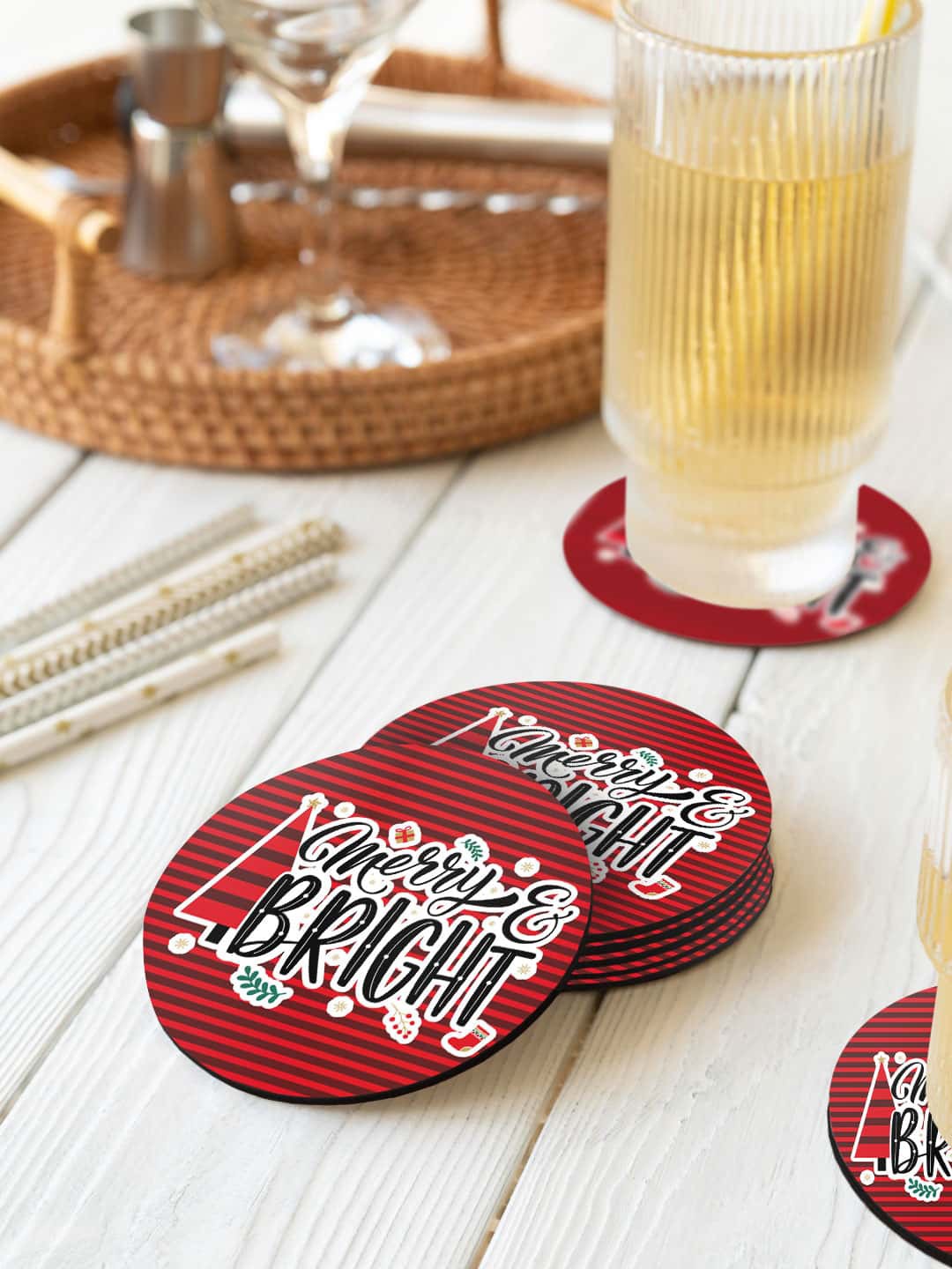 

macmerise Red & White 6 Pieces Merry Bright Printed Circle Coasters