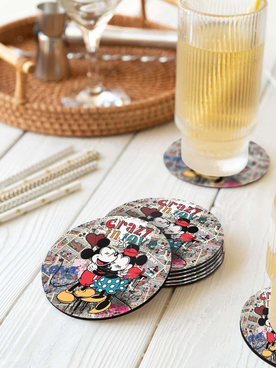 

macmerise 6 Pcs Grey & White Disney Printed Circle Coasters