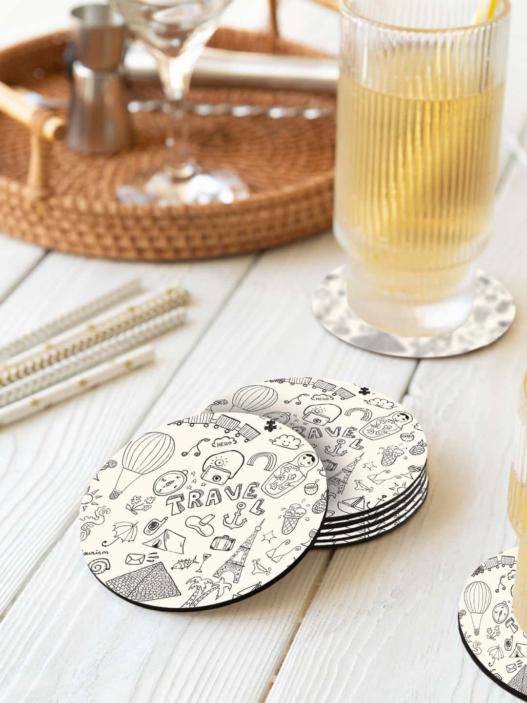 

macmerise Illustrations White & Black 6 Pieces Travel Doodle Printed Circle Coasters