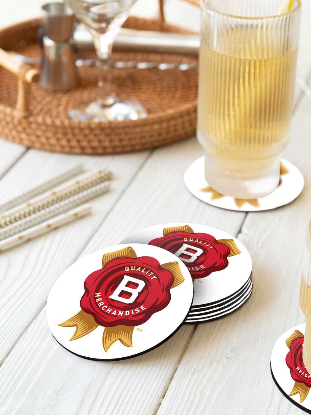 

macmerise White & Red 6 Pieces Rosette Printed Circle Coasters