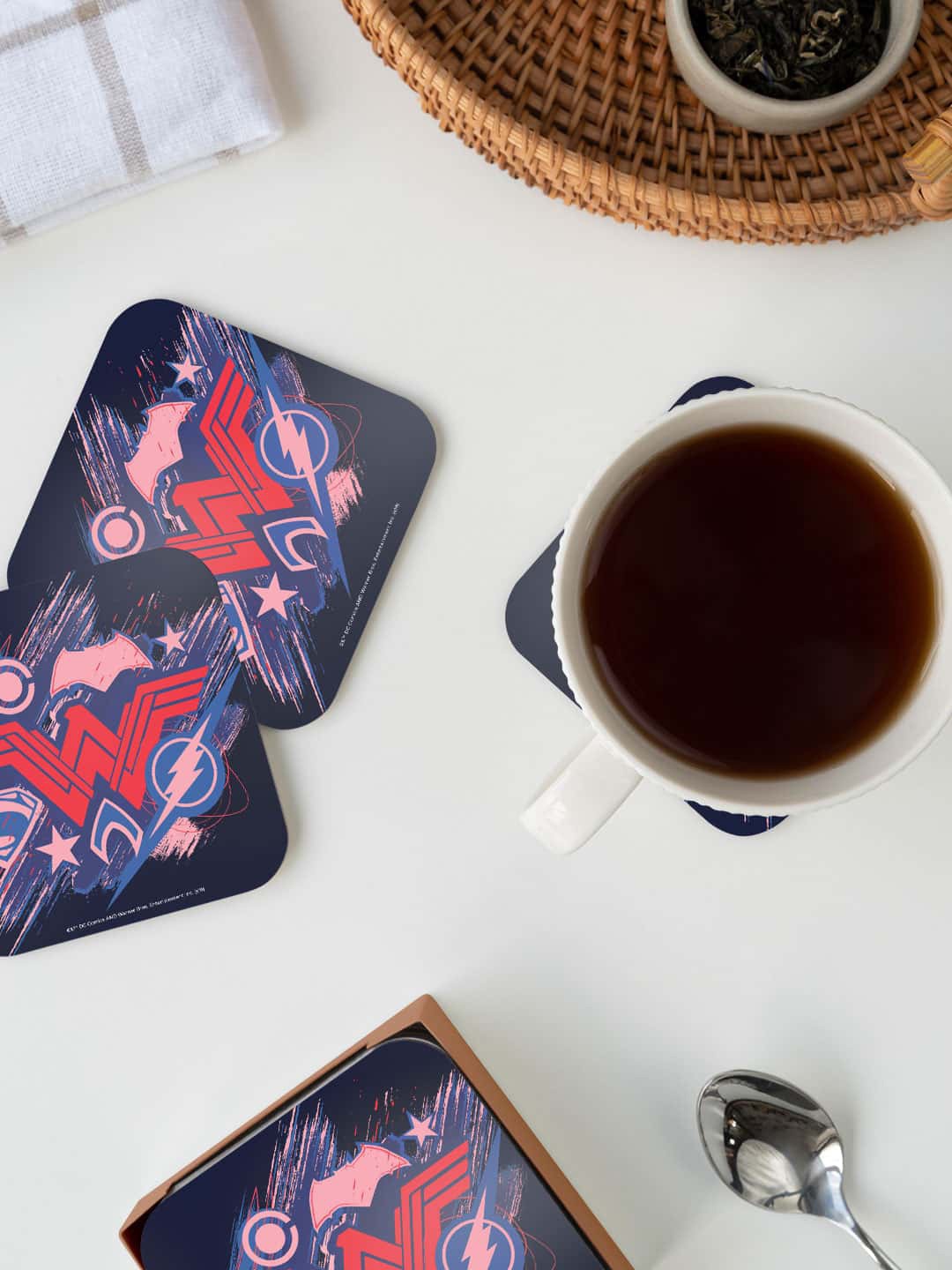 

macmerise Yellow & Black DC Comics JL Scribbled Logos Printed Square Coaster, Blue