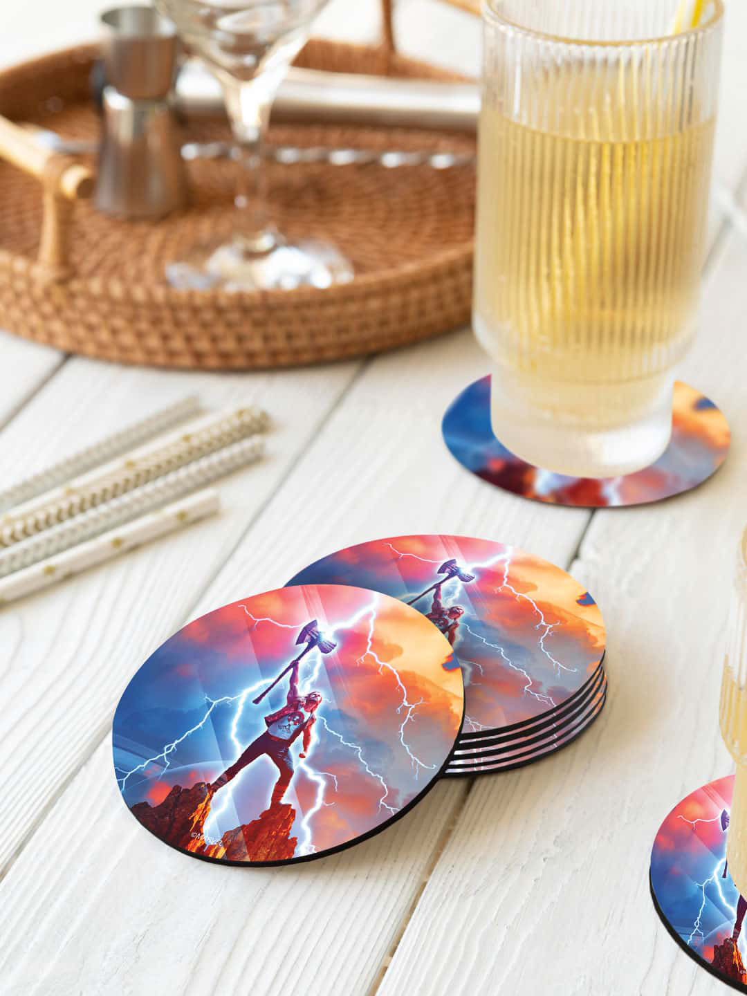 

macmerise Marvel Pink & Green 6 Pieces Raise The Stormbreaker Printed Circle Coasters, Orange