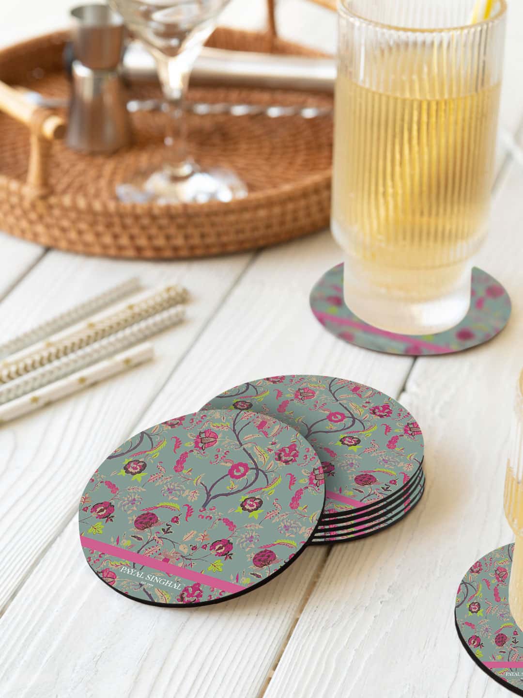 

macmerise 6 Pcs Grey & Pink Payal Singhal Chintz Printed Circle Coasters