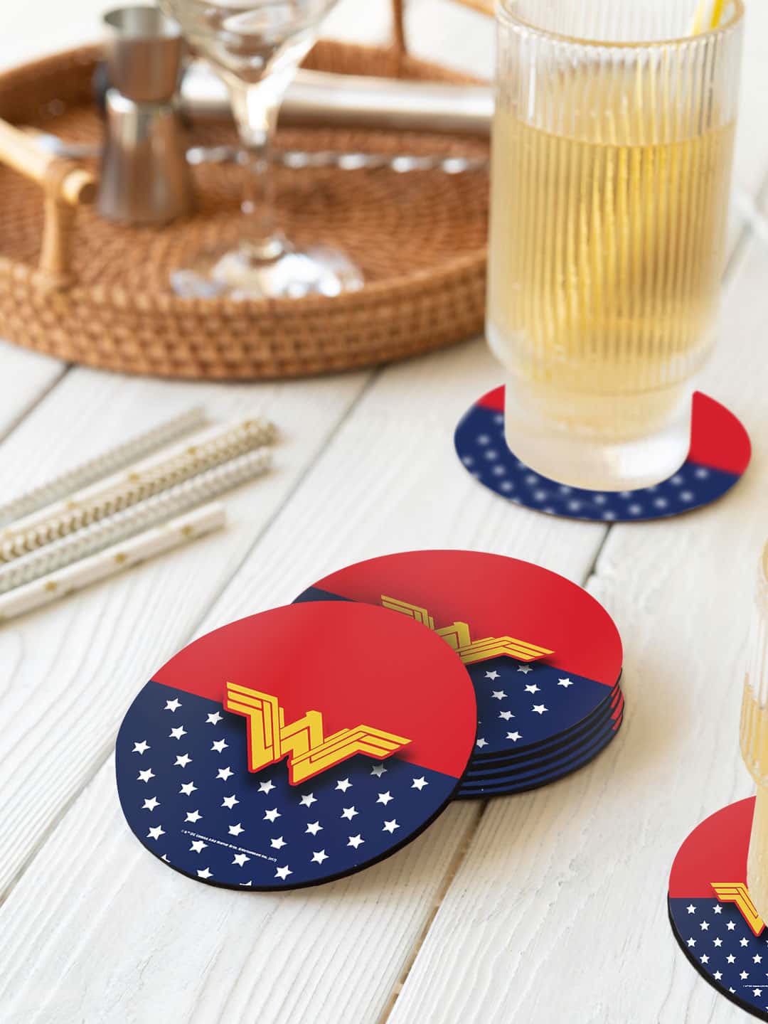 

macmerise DC Comics Red & Blue 6 Pieces Classic Wonder Woman Logo Printed Circle Coasters