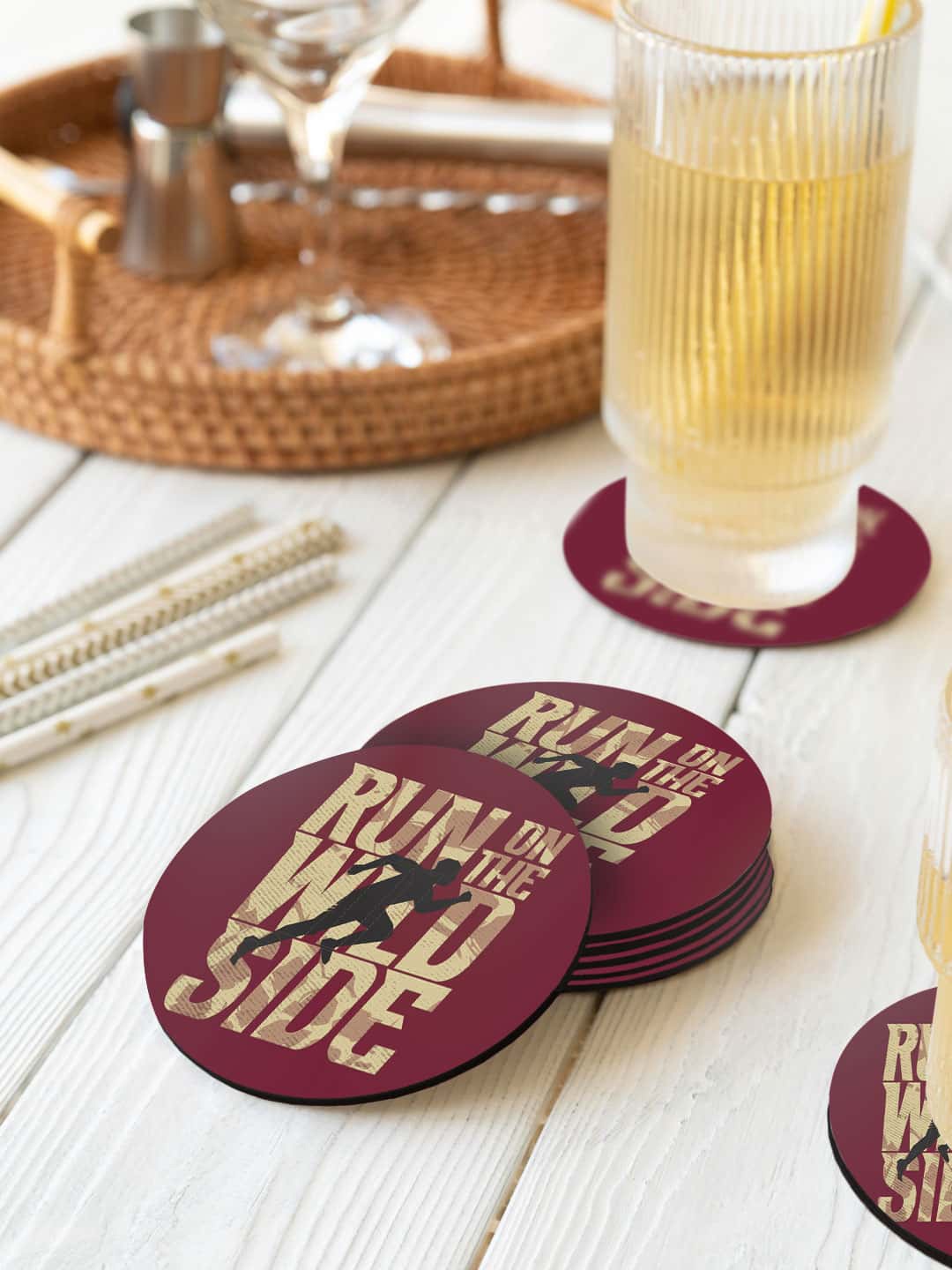 

macmerise Maroon & Beige 6 Pieces Run On The Wild Side Printed Circle Coasters