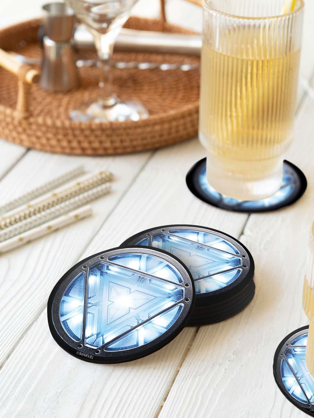

macmerise Blue & Black 6 Pieces Iron Man Arc Reactor Printed Circle Coasters