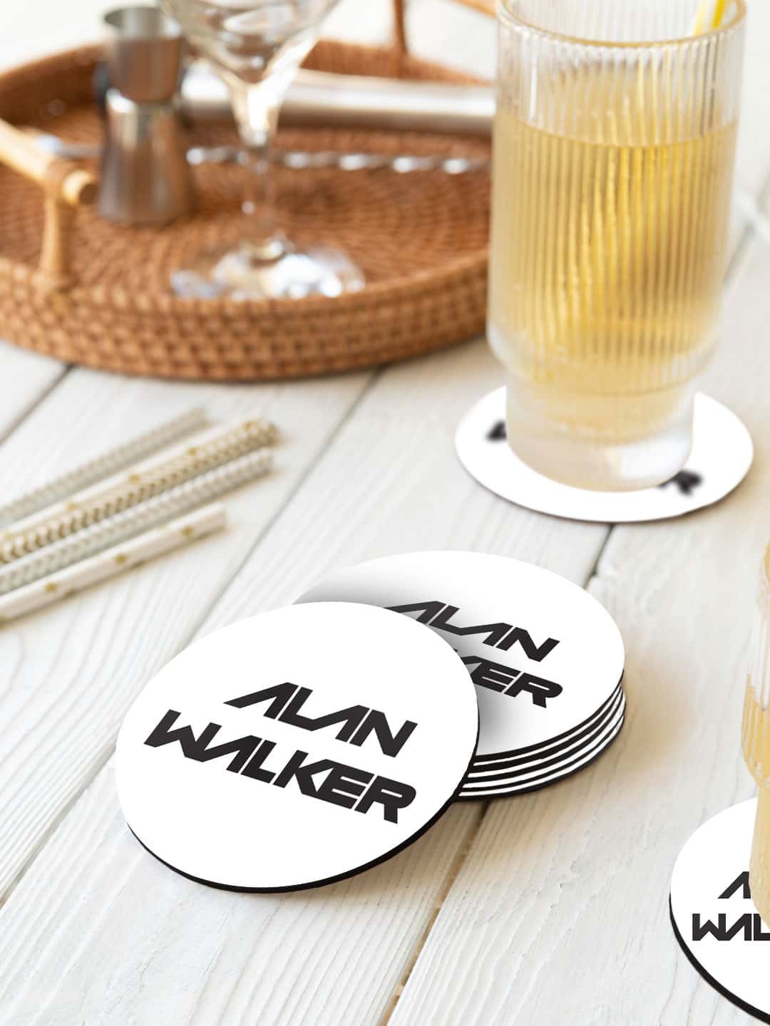 

macmerise 6 Pcs White & Black Alan Walker Printed Circle Coasters