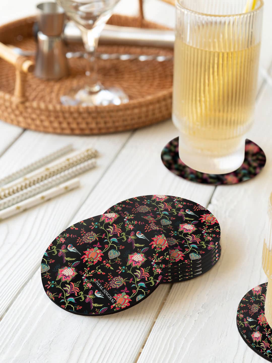 

macmerise Payal Singhal Black & Pink 6 Pieces Chidiya Printed Circle Coasters