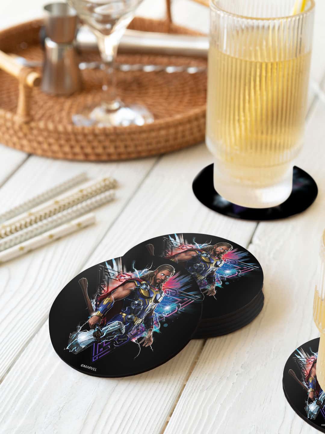 macmerise 6 Pcs Black & Blue Worthy Thor Pose Printed Circle Coasters