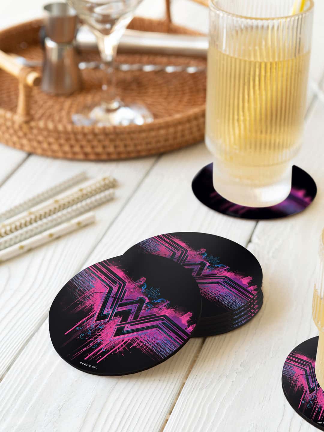 

macmerise DC Comics 6 Pcs Black & Purple Wonder Woman Splatter Printed Circle Coasters