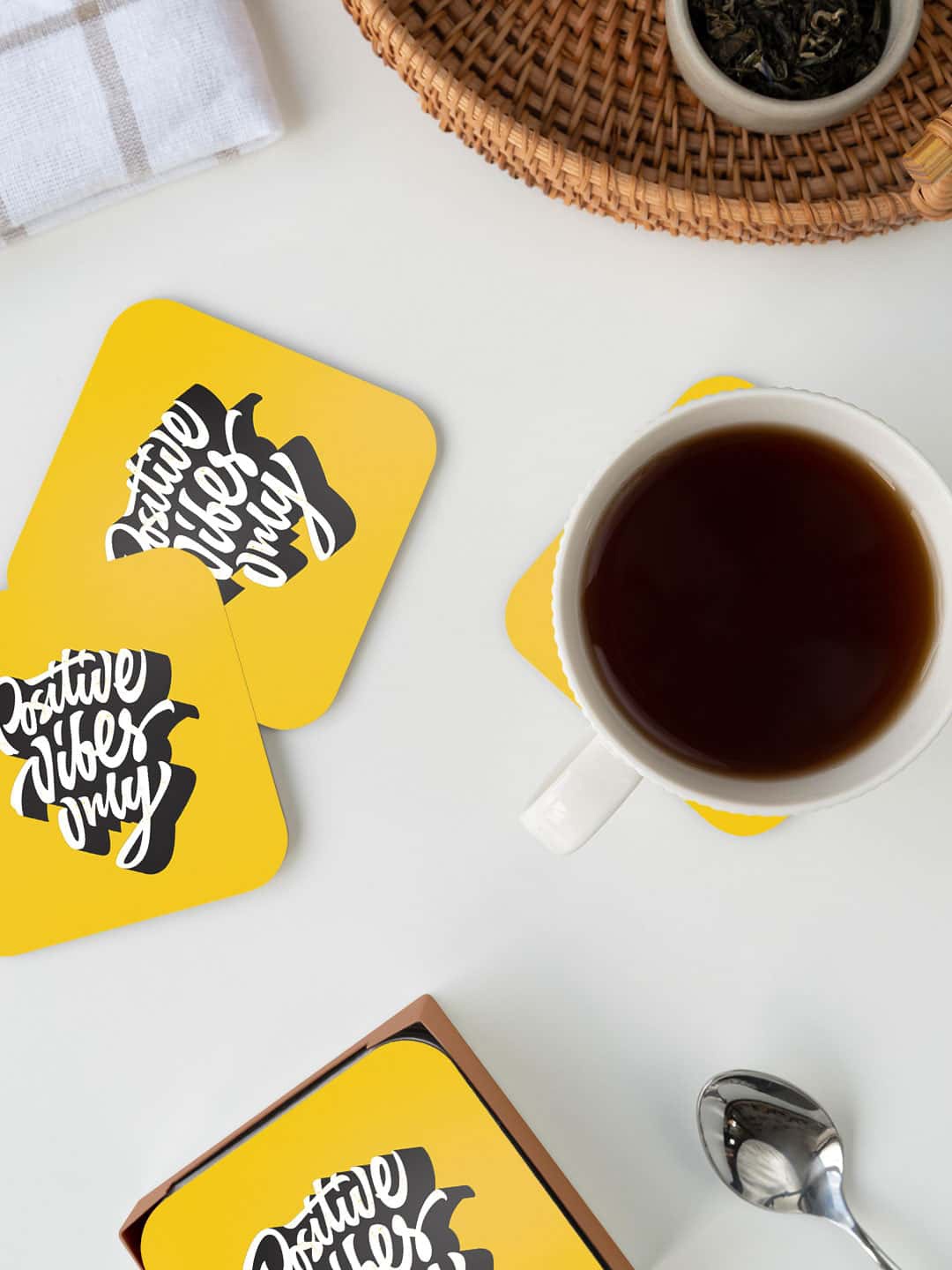 

macmerise Illustrations Yellow & White Positive Vibes Only Printed Square Coaster