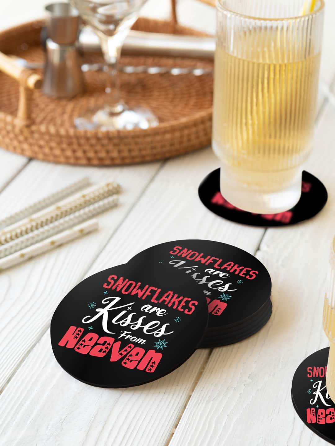 

macmerise 6 Pcs Black & Red Snowflake Kisses Printed Circle Coasters