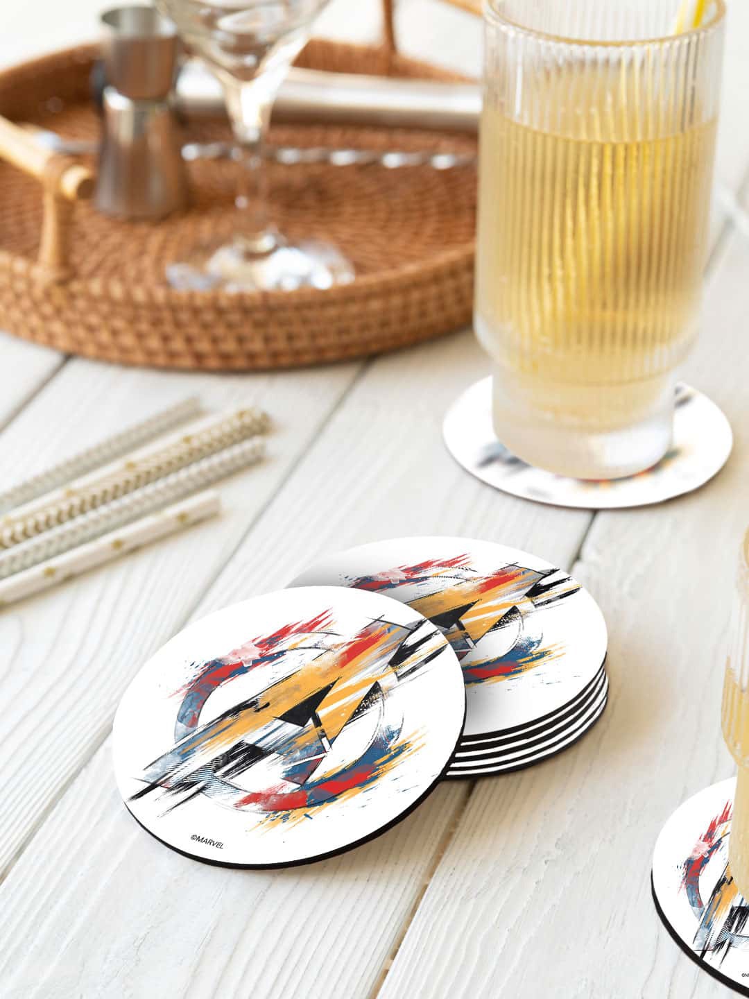 

macmerise Marvel White & Yellow 6 Pieces Avengers Badge Printed Circle Coasters